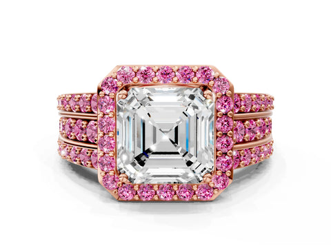 Rose gold Asscher Cut Halo Diamond Ring with Round with Pink Sapphire side stone Split Shank and Prong Setting