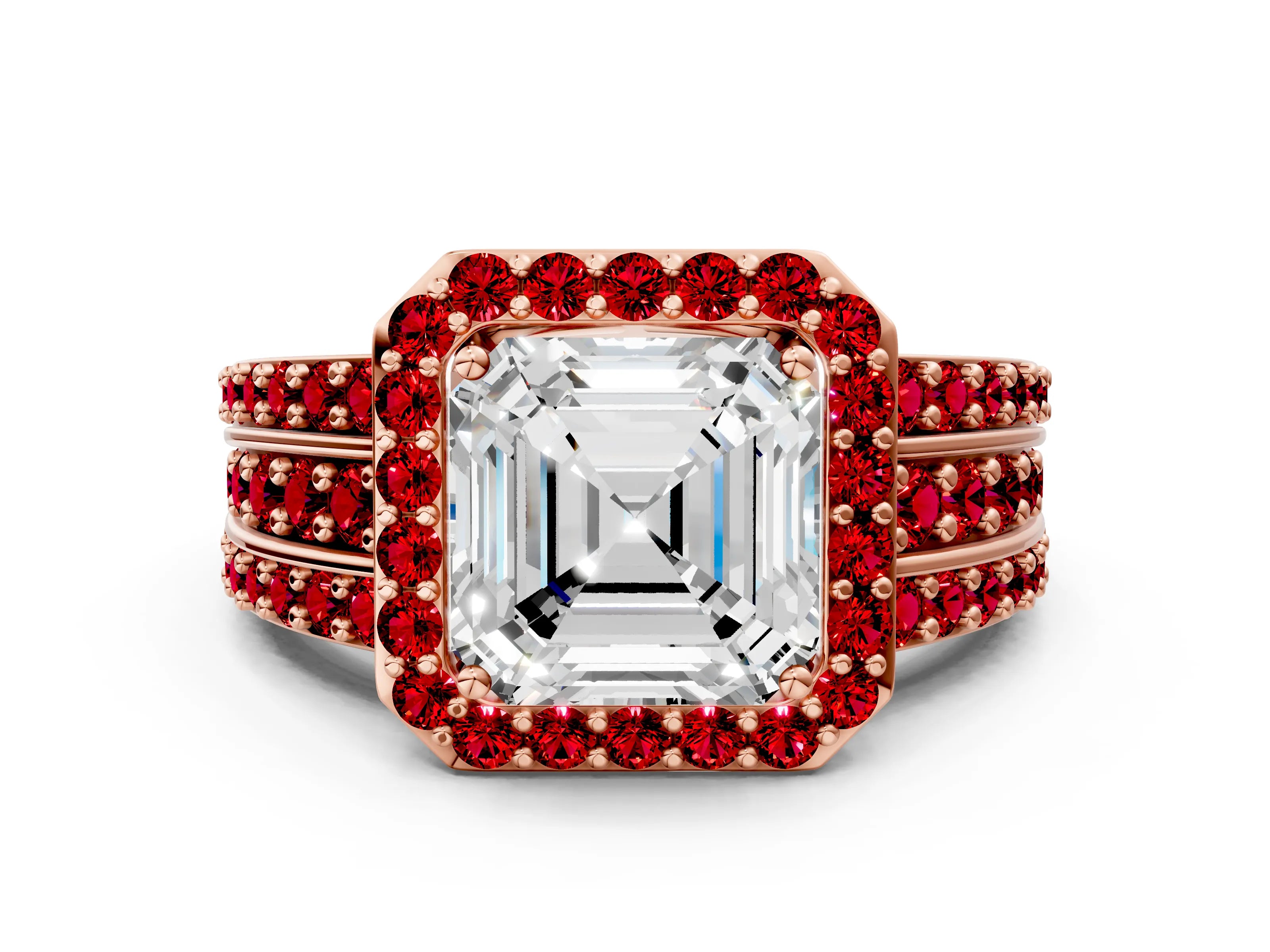 Rose gold Asscher Cut Halo Diamond Ring with Round with Ruby side stone Split Shank and Prong Setting