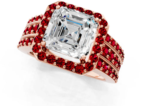 Rose gold Asscher Cut Halo Diamond Ring with Round with Ruby side stone Split Shank and Prong Setting_1