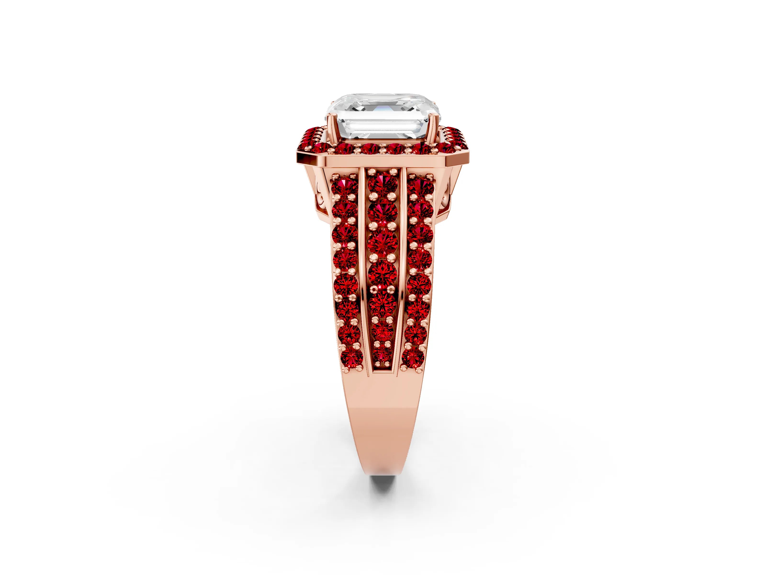 Rose gold Asscher Cut Halo Diamond Ring with Round with Ruby side stone Split Shank and Prong Setting_2