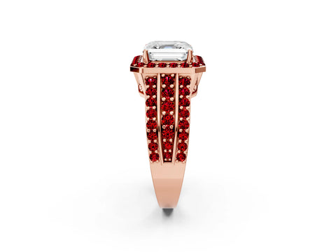 Rose gold Asscher Cut Halo Diamond Ring with Round with Ruby side stone Split Shank and Prong Setting_2