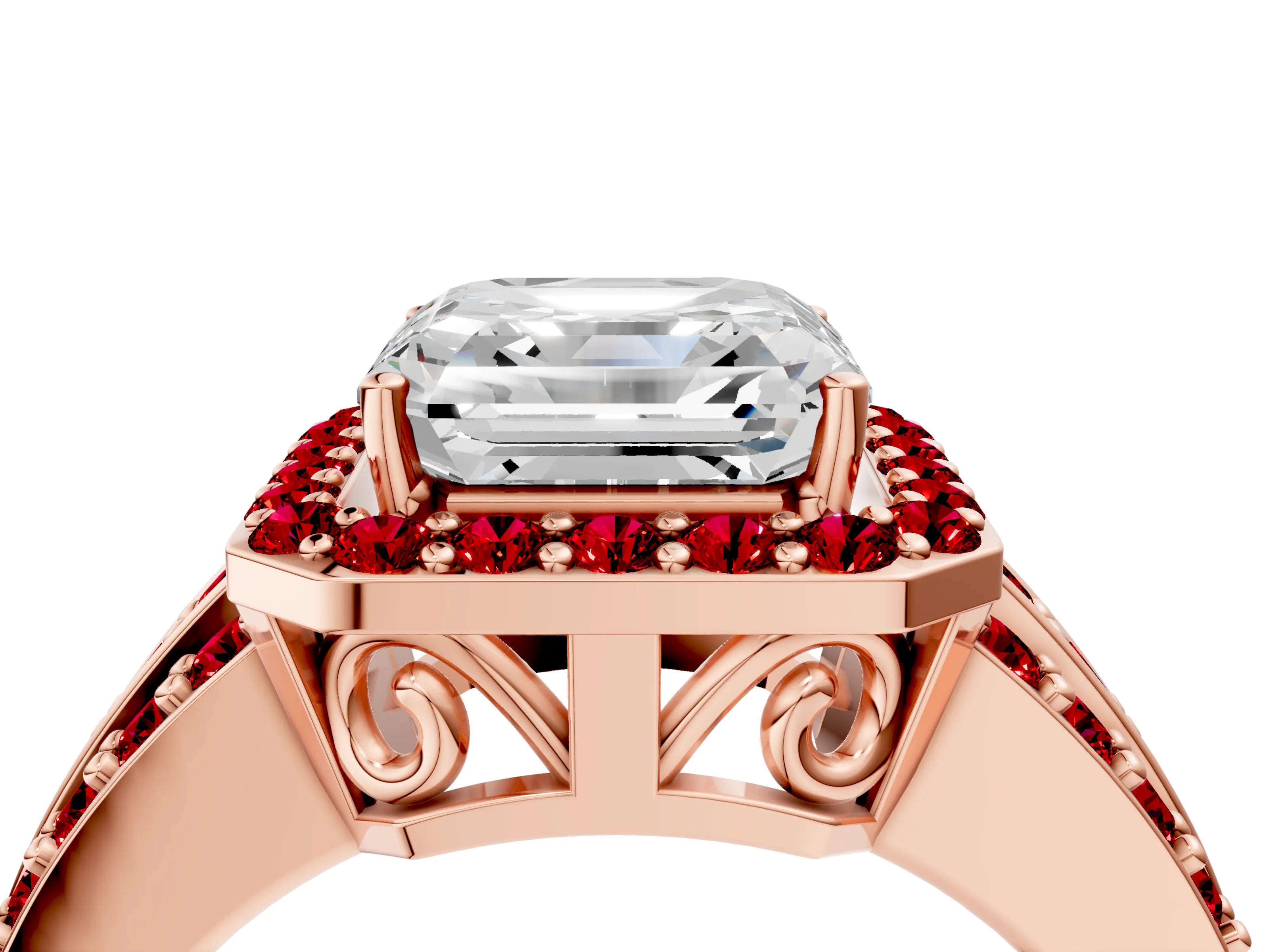Rose gold Asscher Cut Halo Diamond Ring with Round with Ruby side stone Split Shank and Prong Setting_4