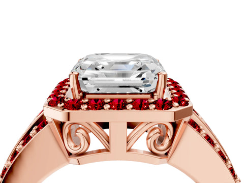 Rose gold Asscher Cut Halo Diamond Ring with Round with Ruby side stone Split Shank and Prong Setting_4