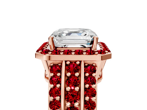 Rose gold Asscher Cut Halo Diamond Ring with Round with Ruby side stone Split Shank and Prong Setting_5
