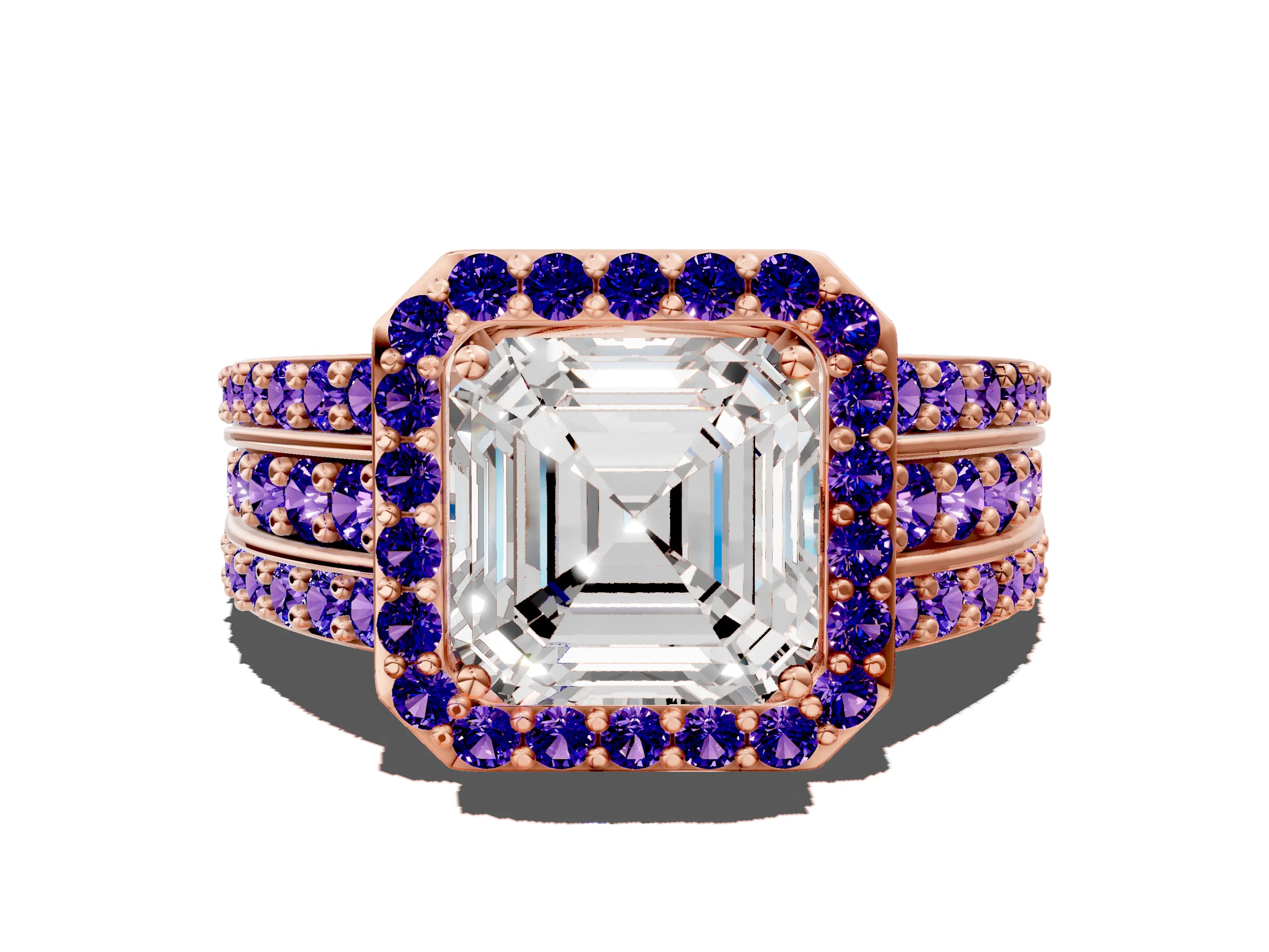 Rose gold Asscher Cut Halo Diamond Ring with Round with Tanzanite side stone Split Shank and Prong Setting
