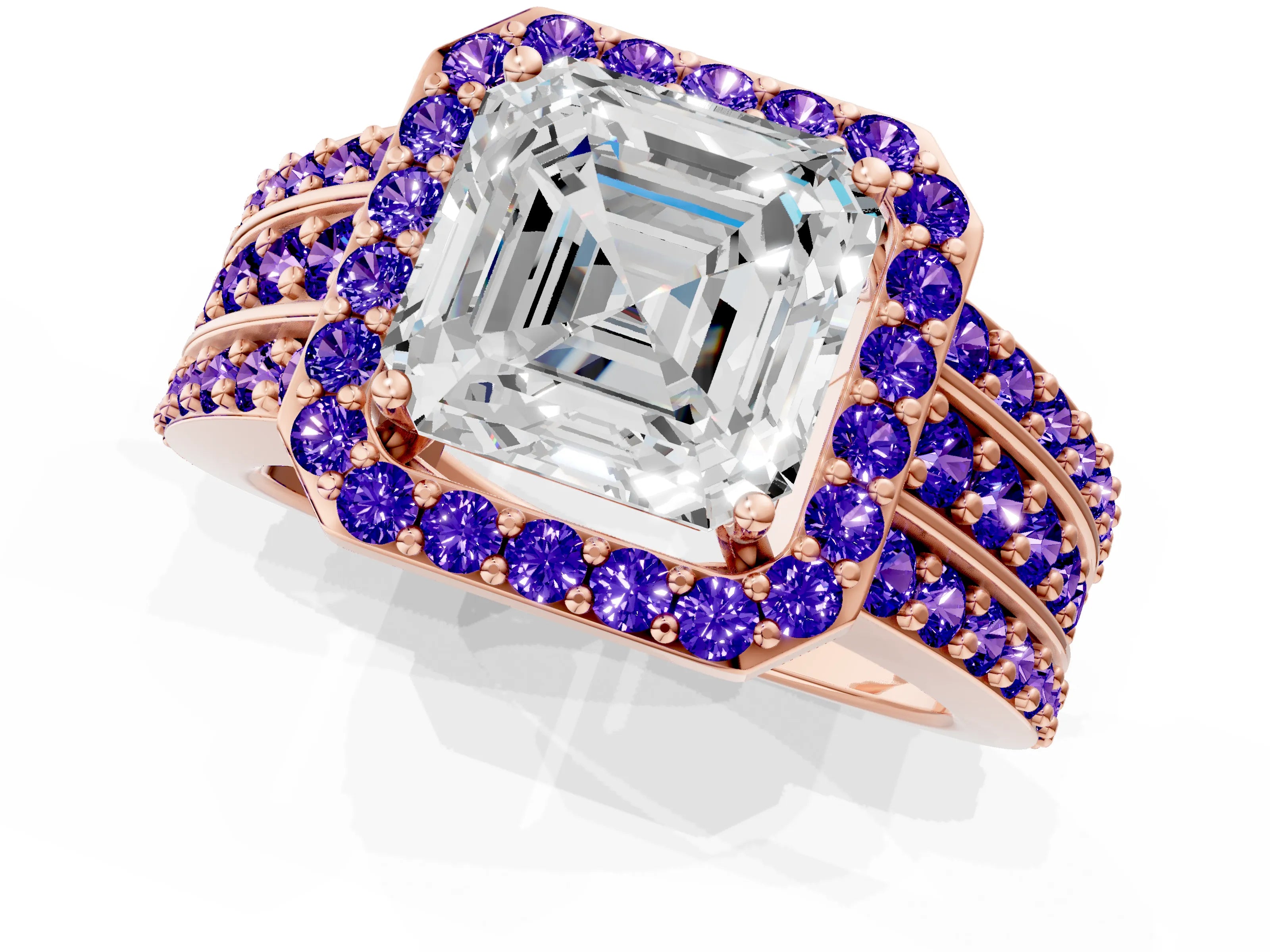 Rose gold Asscher Cut Halo Diamond Ring with Round with Tanzanite side stone Split Shank and Prong Setting_1