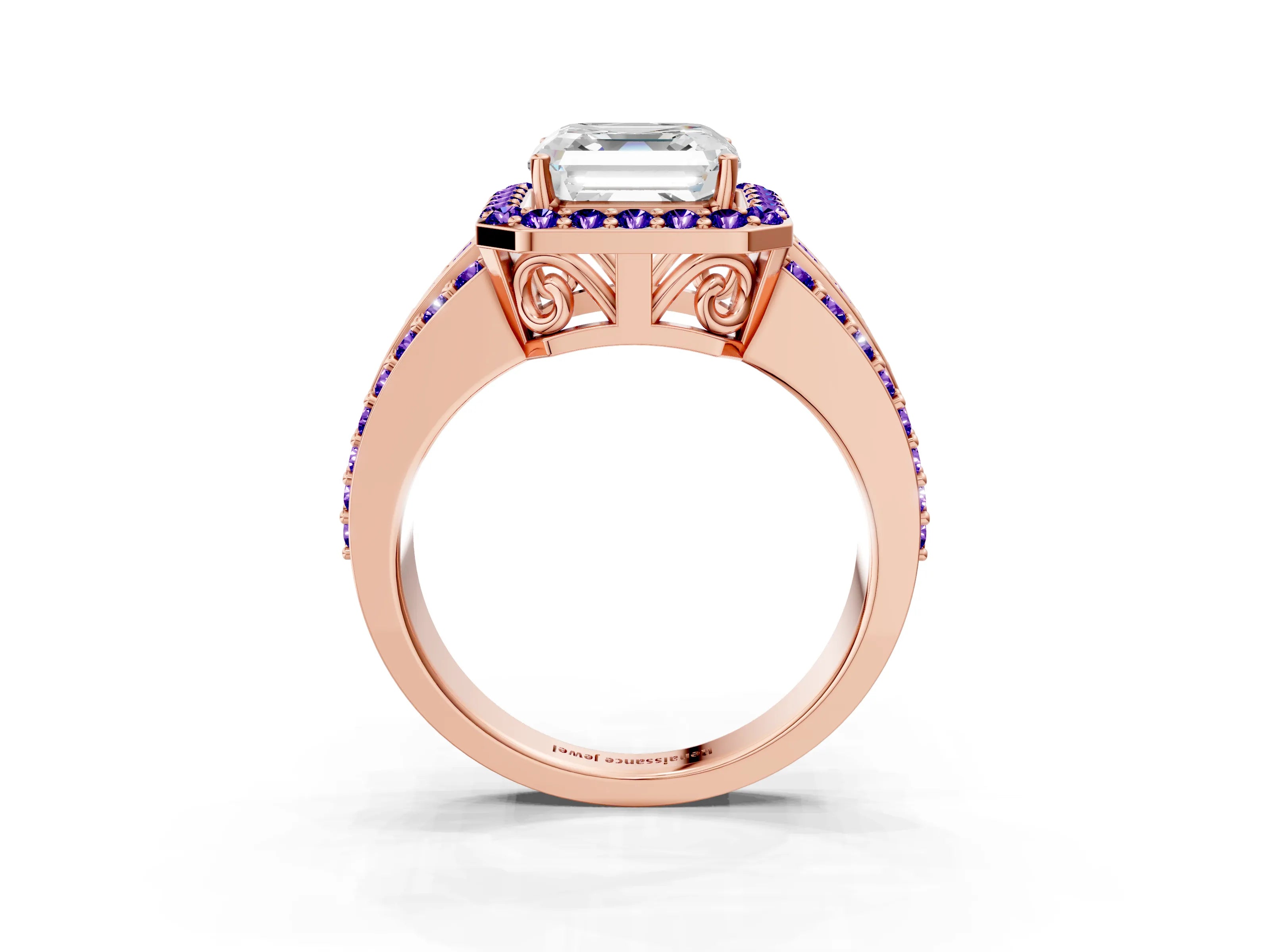 Rose gold Asscher Cut Halo Diamond Ring with Round with Tanzanite side stone Split Shank and Prong Setting_3