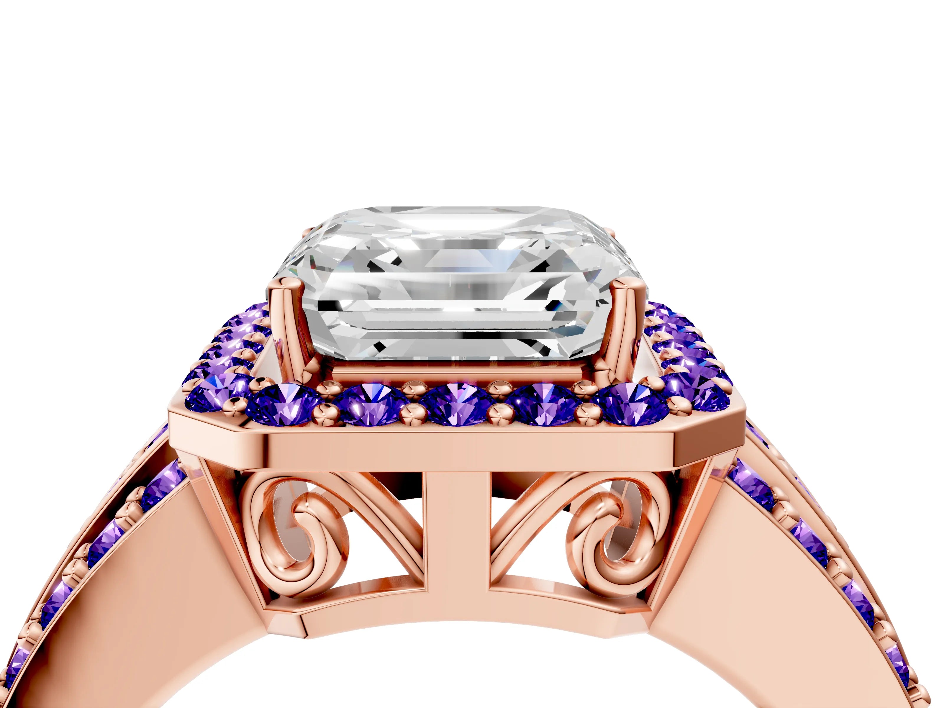Rose gold Asscher Cut Halo Diamond Ring with Round with Tanzanite side stone Split Shank and Prong Setting_4