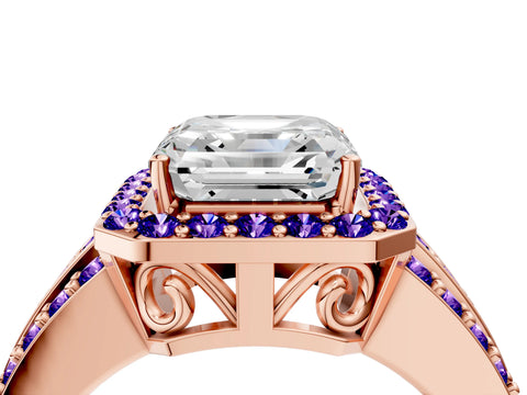 Rose gold Asscher Cut Halo Diamond Ring with Round with Tanzanite side stone Split Shank and Prong Setting_4