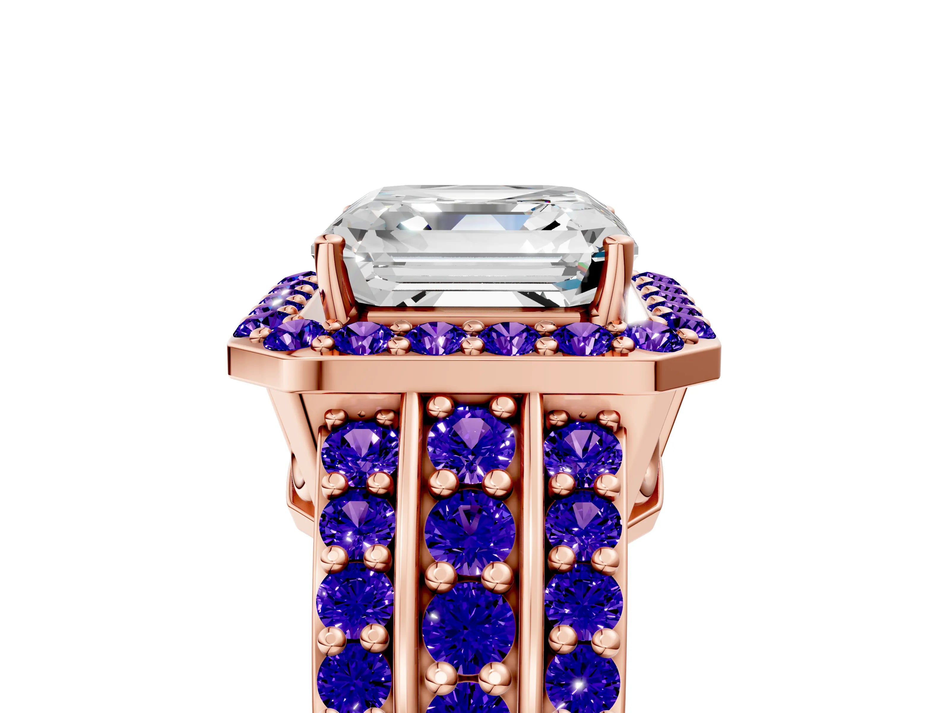 Rose gold Asscher Cut Halo Diamond Ring with Round with Tanzanite side stone Split Shank and Prong Setting_5