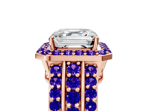 Rose gold Asscher Cut Halo Diamond Ring with Round with Tanzanite side stone Split Shank and Prong Setting_5