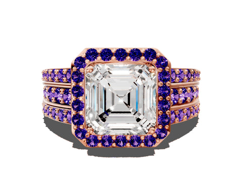 Rose gold Asscher Cut Halo Diamond Ring with Round with Tanzanite side stone Split Shank and Prong Setting
