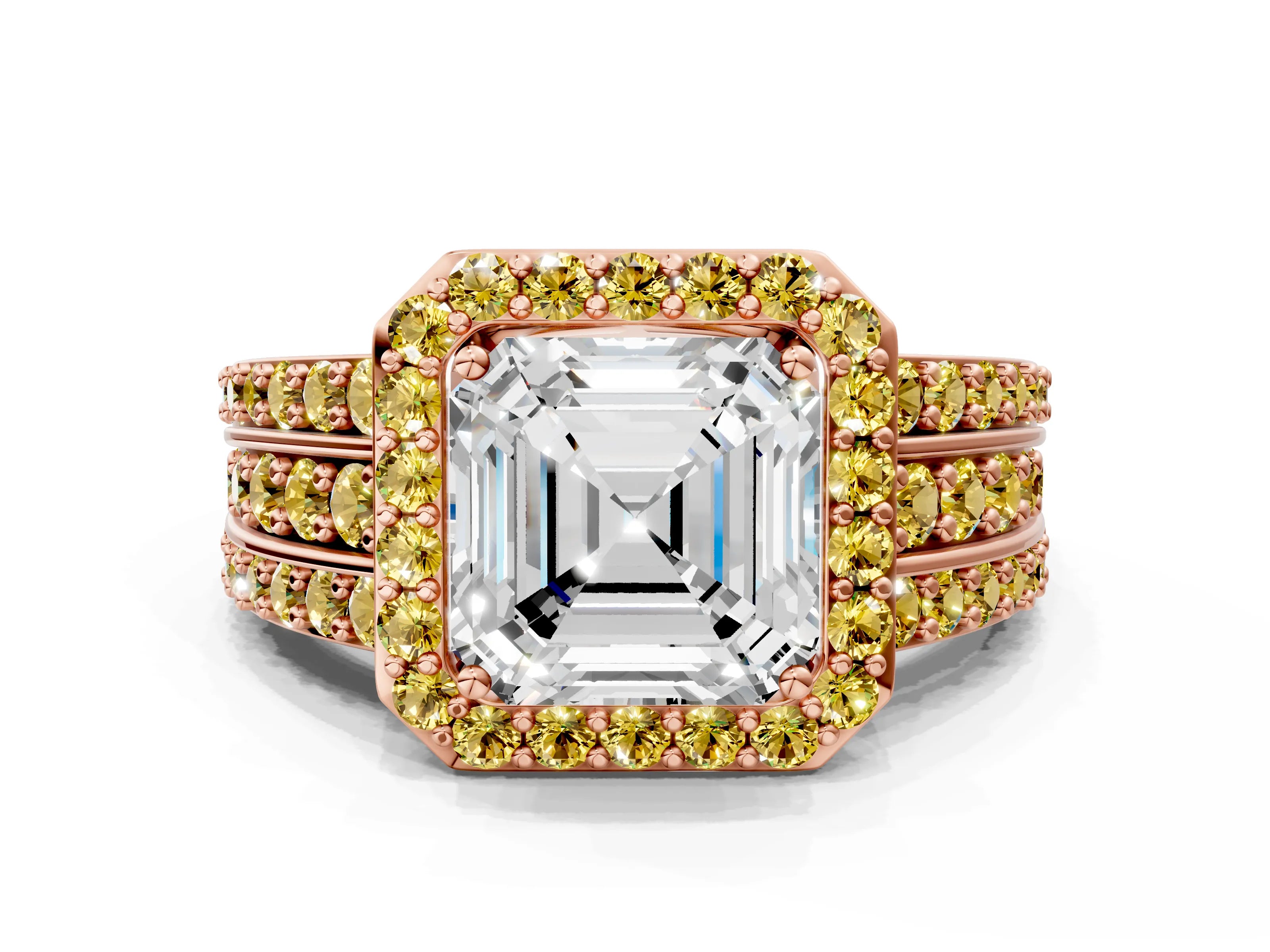 Rose gold Asscher Cut Halo Diamond Ring with Round with Yellow Sapphire side stone Split Shank and Prong Setting