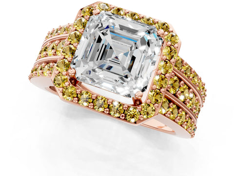 Rose gold Asscher Cut Halo Diamond Ring with Round with Yellow Sapphire side stone Split Shank and Prong Setting_1