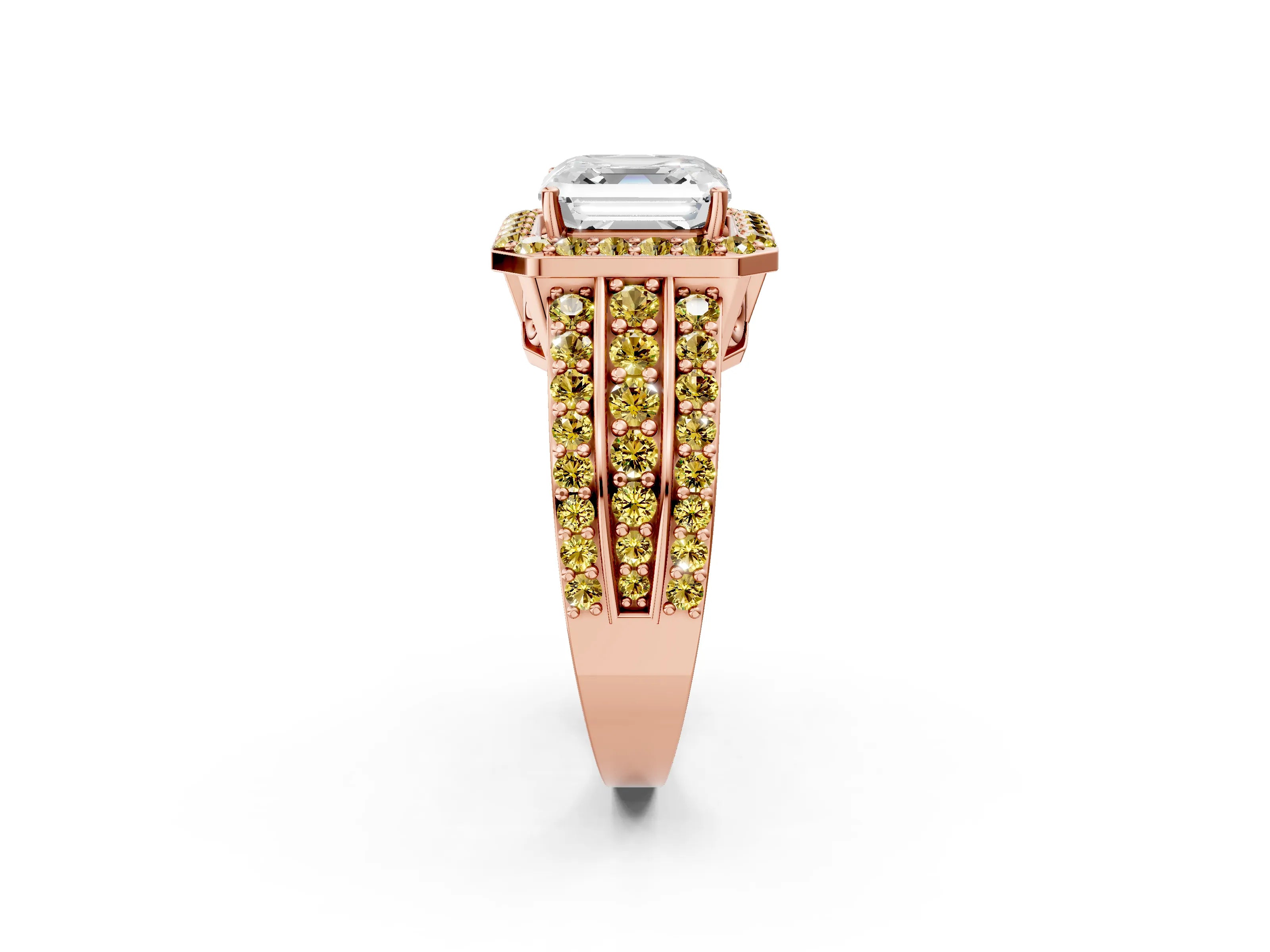 Rose gold Asscher Cut Halo Diamond Ring with Round with Yellow Sapphire side stone Split Shank and Prong Setting_2