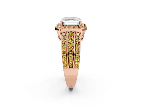 Rose gold Asscher Cut Halo Diamond Ring with Round with Yellow Sapphire side stone Split Shank and Prong Setting_2