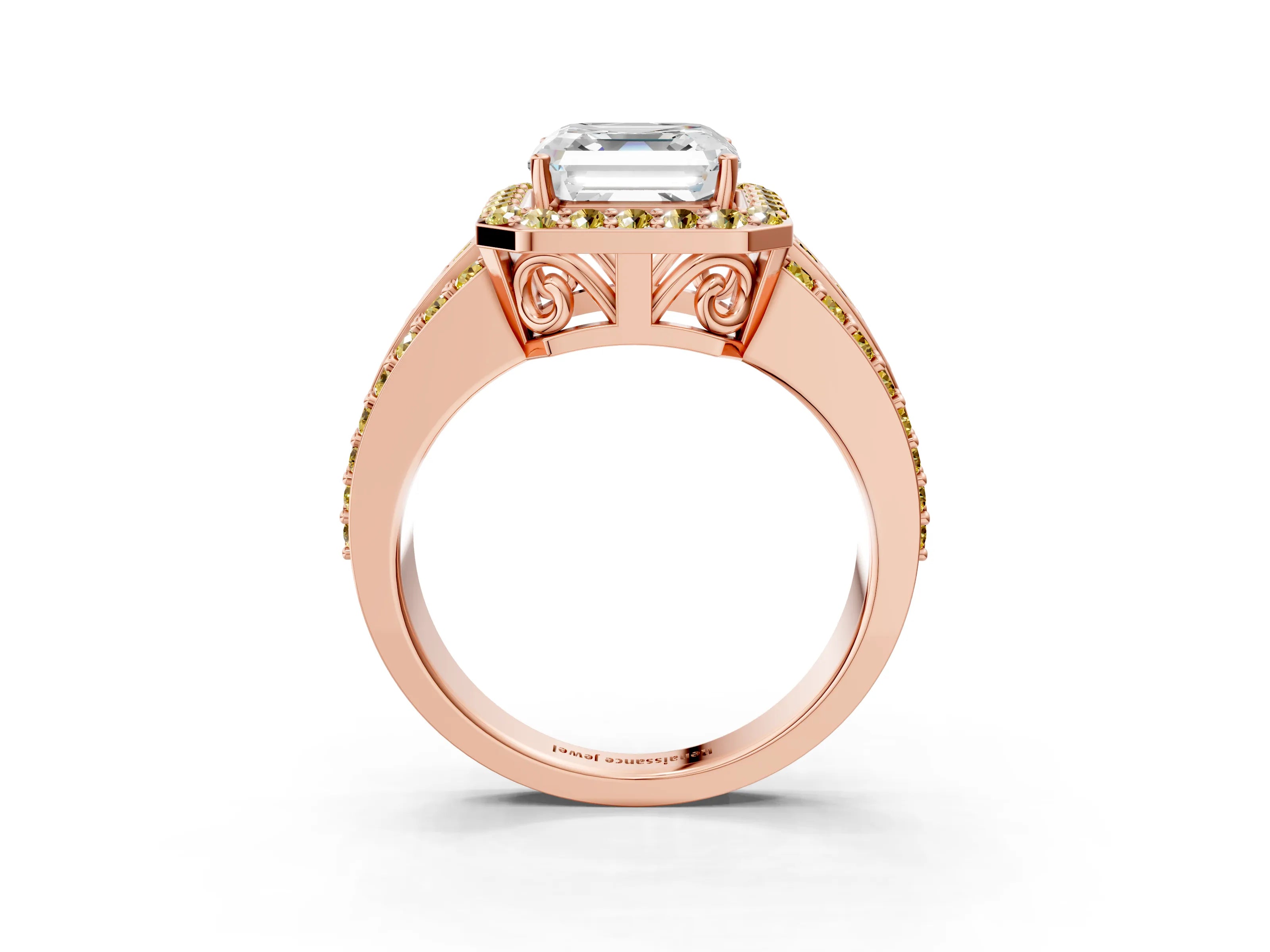 Rose gold Asscher Cut Halo Diamond Ring with Round with Yellow Sapphire side stone Split Shank and Prong Setting_3