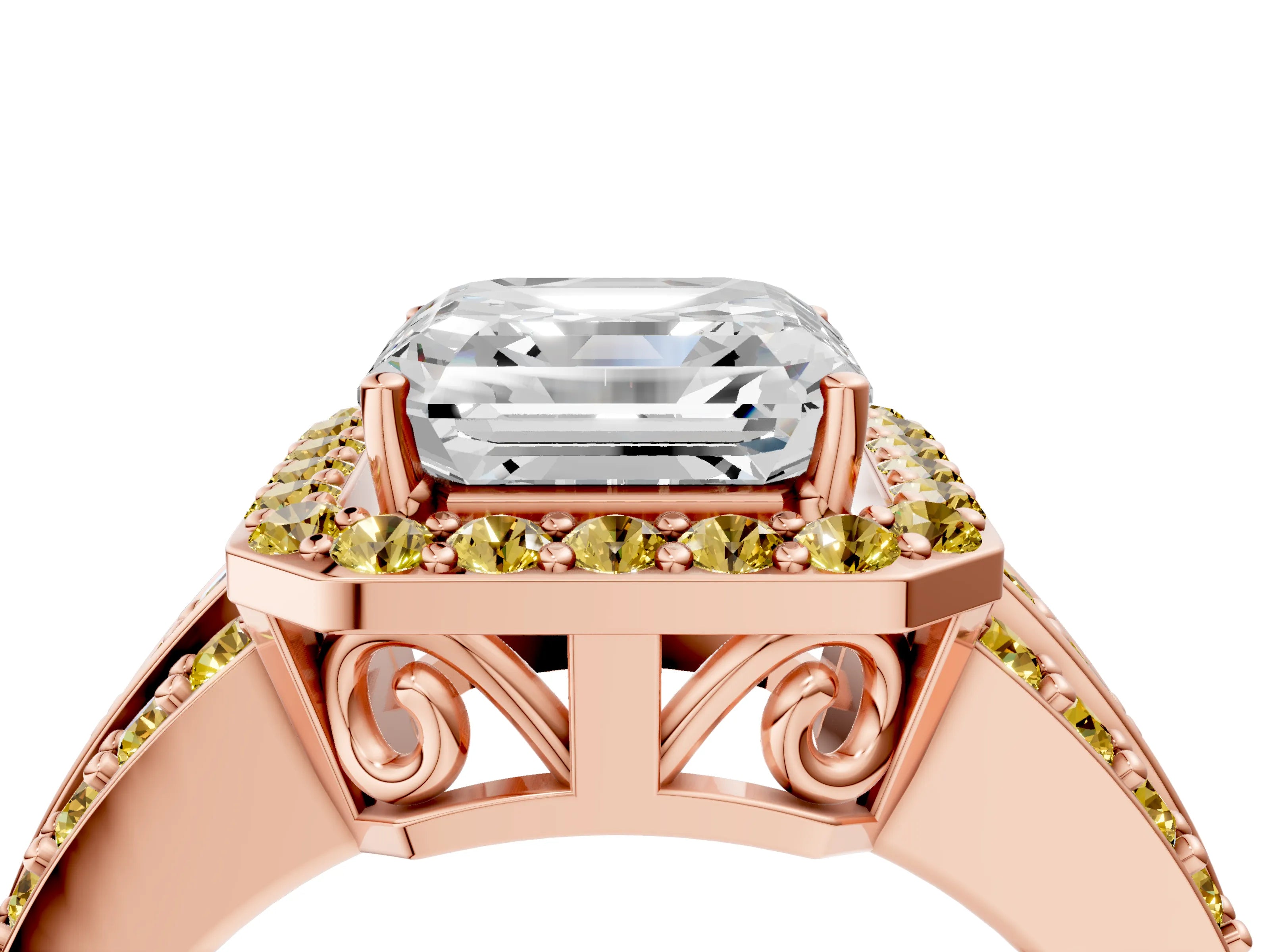 Rose gold Asscher Cut Halo Diamond Ring with Round with Yellow Sapphire side stone Split Shank and Prong Setting_4