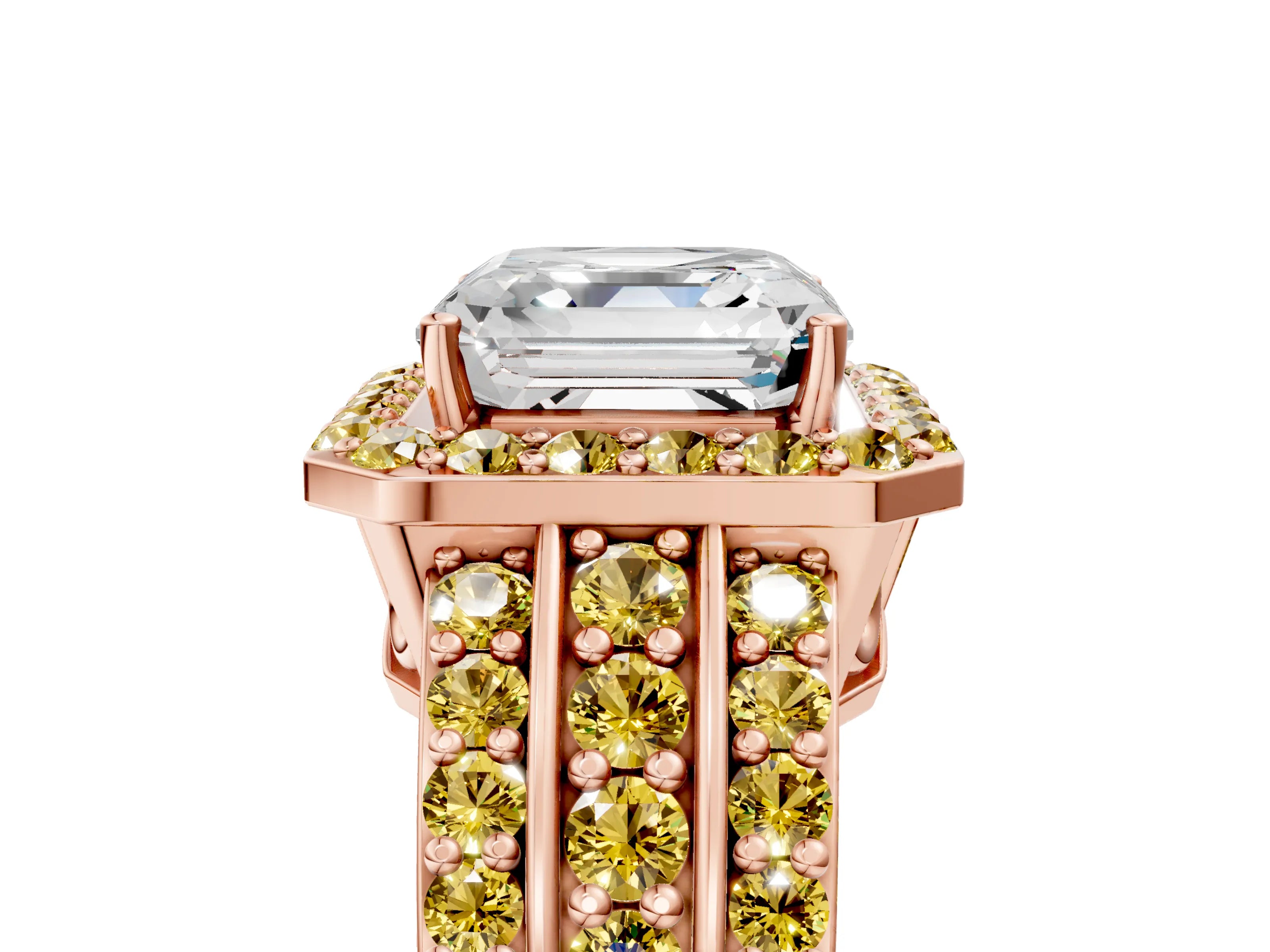 Rose gold Asscher Cut Halo Diamond Ring with Round with Yellow Sapphire side stone Split Shank and Prong Setting_5