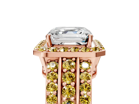 Rose gold Asscher Cut Halo Diamond Ring with Round with Yellow Sapphire side stone Split Shank and Prong Setting_5
