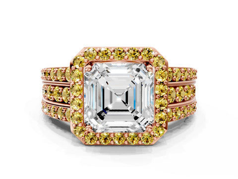 Rose gold Asscher Cut Halo Diamond Ring with Round with Yellow Sapphire side stone Split Shank and Prong Setting