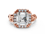 Rose gold Asscher Cut Halo Diamond Ring with Scrollwork Band and Four-Prong Setting_6