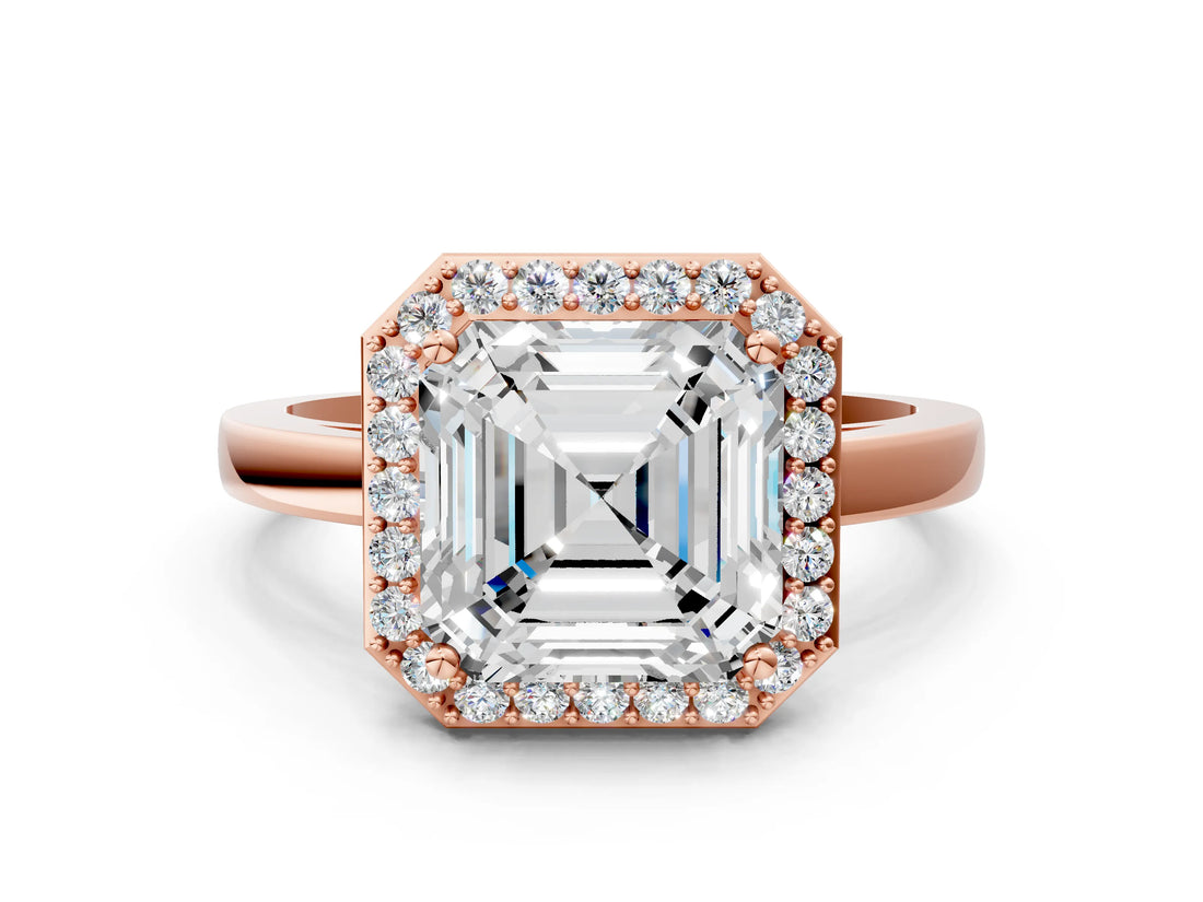 Rose gold Asscher Cut Halo Diamond Ring with Solitaire Band and Prong Setting_3
