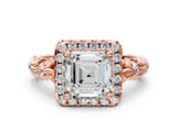 Rose gold Asscher Cut Halo Diamond Solitaire with Filigree Band and Four-Prong Setting_3