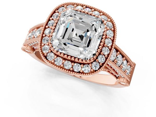 Rose Gold Asscher Cut Vintage Bezel Halo Engagement Ring Setting
