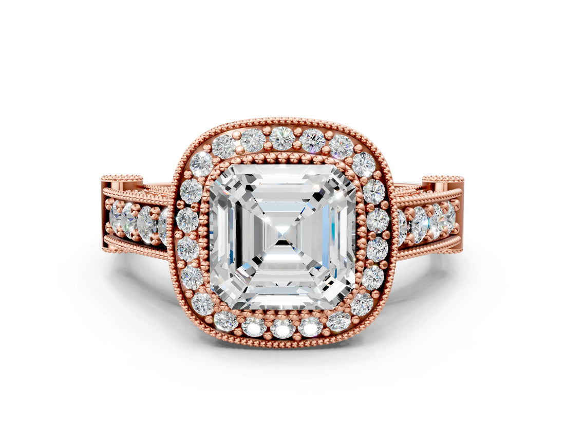 Rose gold Asscher Cut Halo Diamond Split Shank Pave Ring_9