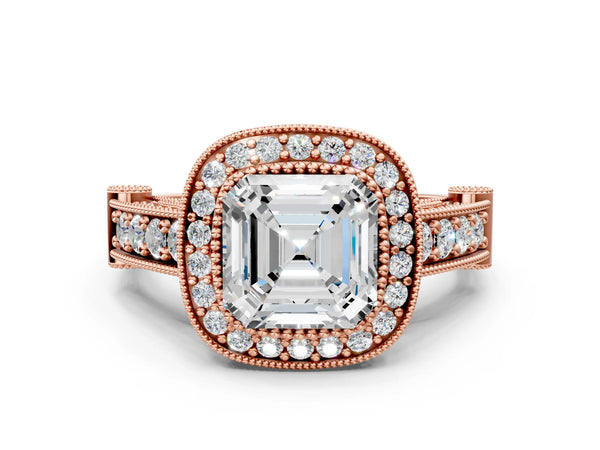 Rose Gold Asscher Cut Vintage Bezel Halo Engagement Ring Setting