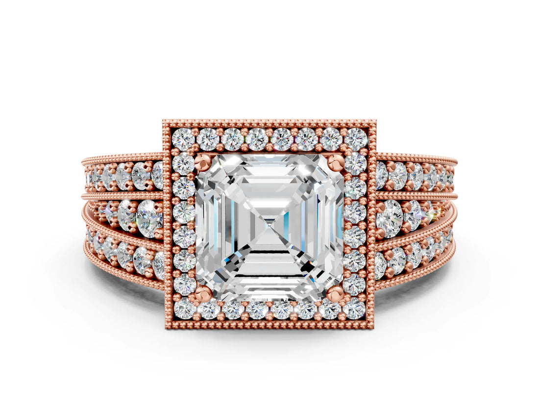 Rose gold Asscher Cut Halo Diamond Split Shank Ring with Prong Setting_3