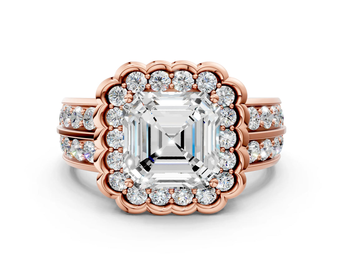 Rose gold Asscher Cut Halo Diamond Split Shank Ring with Scalloped Prong Setting_7
