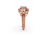 Rose gold Asscher Cut Halo Milgrain Diamond Engagement Ring with Leaf Band and Four-Prong Setting_5