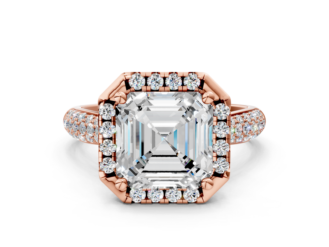 Rose gold Asscher Cut Halo Pave Band Four-Prong Setting Ring_6