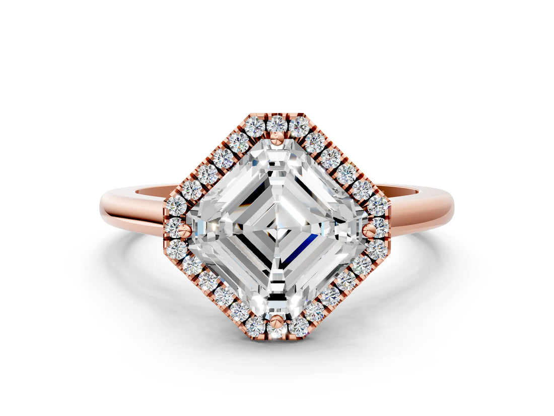 Rose gold Asscher Cut Halo Round Diamond Solitaire Engagement Ring with Pave Band and Four-Prong Setting_19