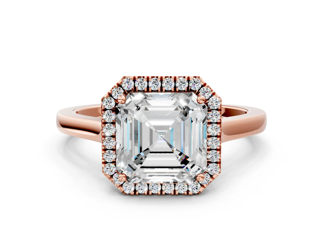 Rose gold Asscher Cut Halo Round Diamond Solitaire Ring with Pavé Band and Four-Prong Setting