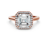 Rose gold Asscher Cut Halo Round Diamond Solitaire Ring with Pavé Band and Four-Prong Setting