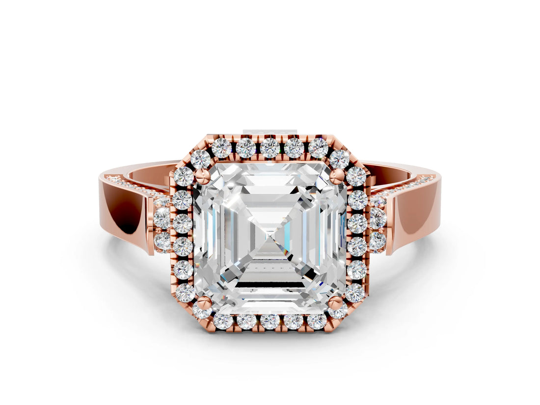 Rose gold Asscher Cut Halo Round Diamond Twist Band with Four-Prong Setting_15