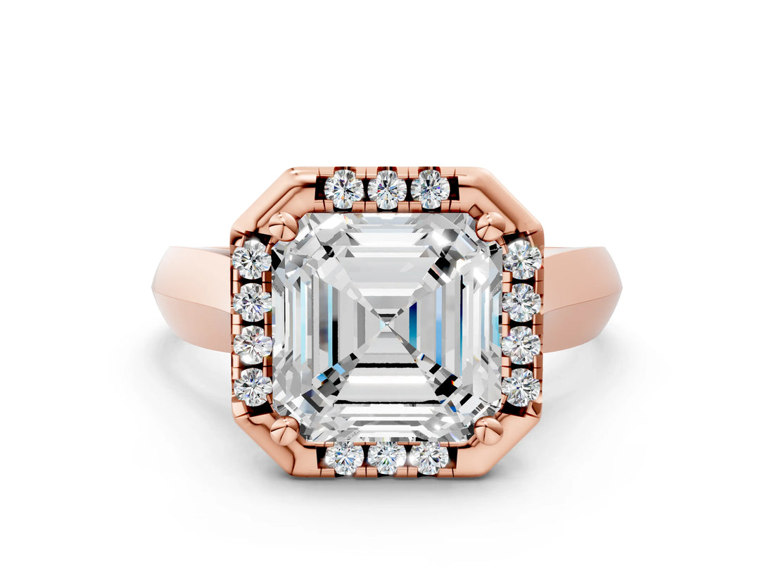 Rose gold Asscher Cut Halo Solitaire Engagement Ring with Square Band and Four-Prong Setting_12