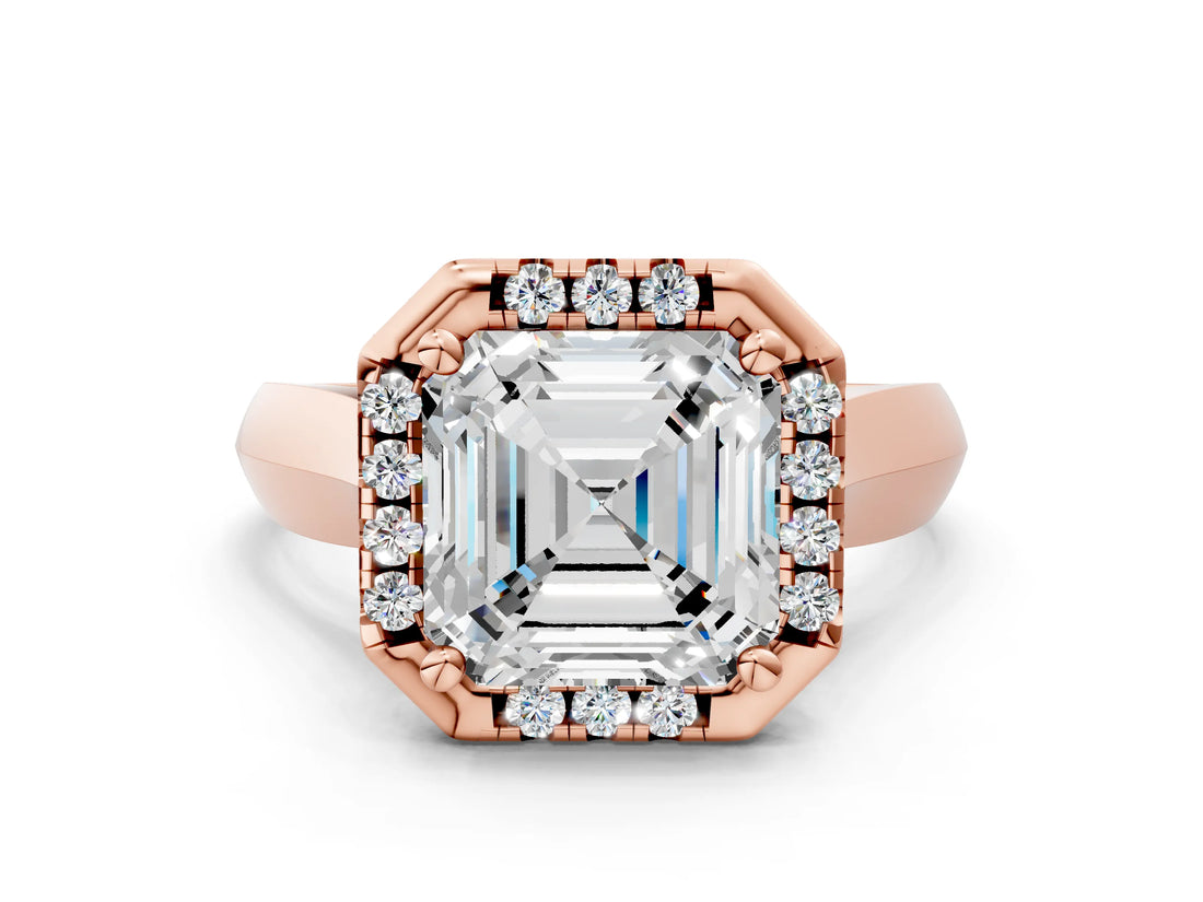 Rose gold Asscher Cut Halo Solitaire Engagement Ring with Square Band and Four-Prong Setting_66