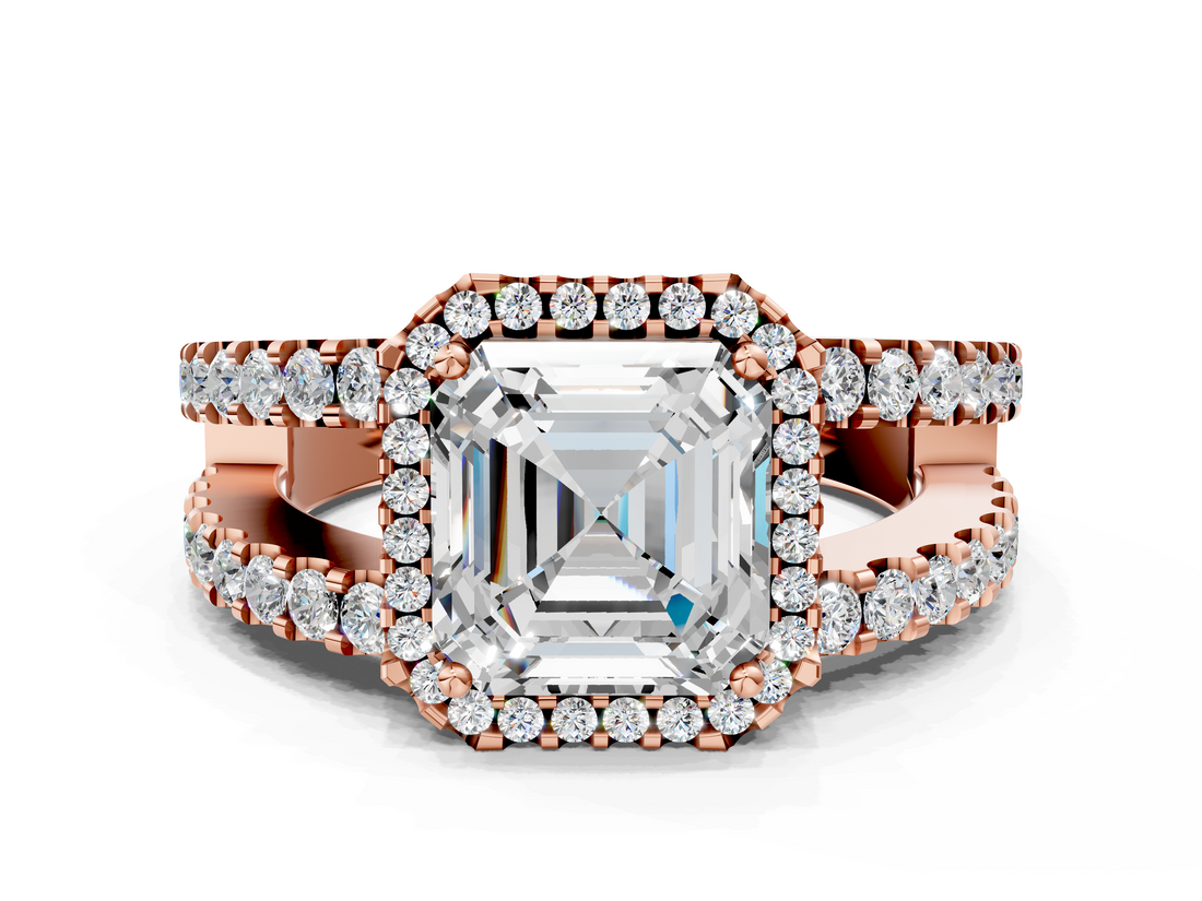 Rose gold Asscher Cut Halo Split Shank Diamond Ring with Four-Prong Setting_6
