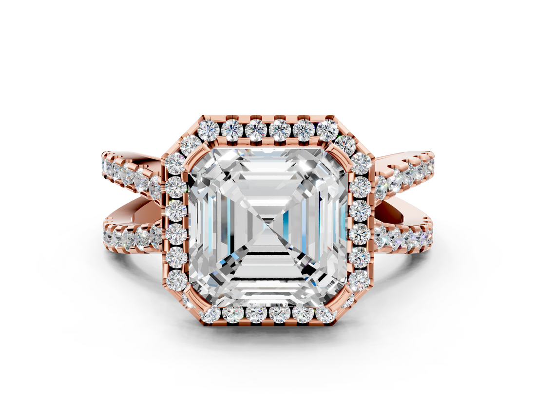 Rose gold Asscher Cut Halo Split Shank Pave Set Ring_23