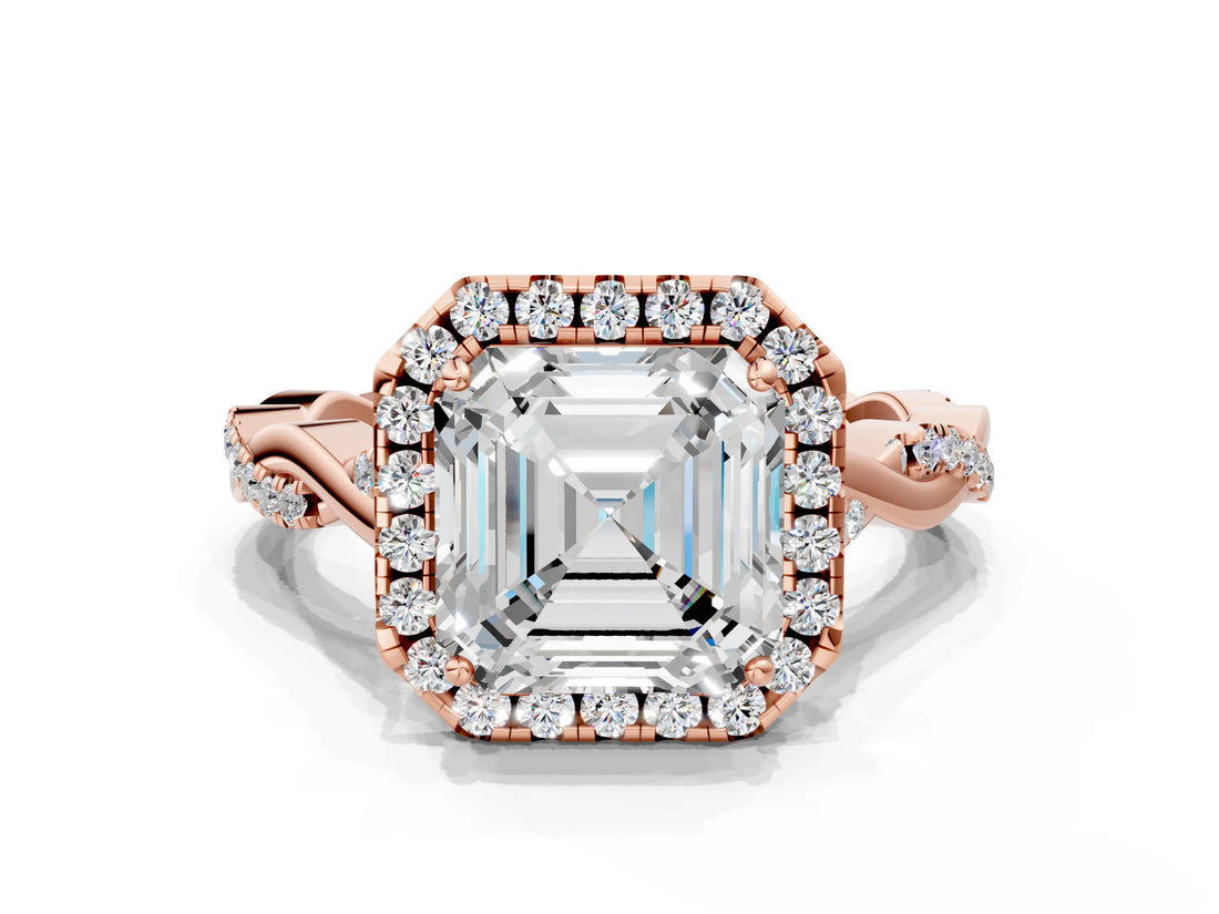 Rose gold Asscher Cut Halo Twist Band with Four-Prong Setting_15