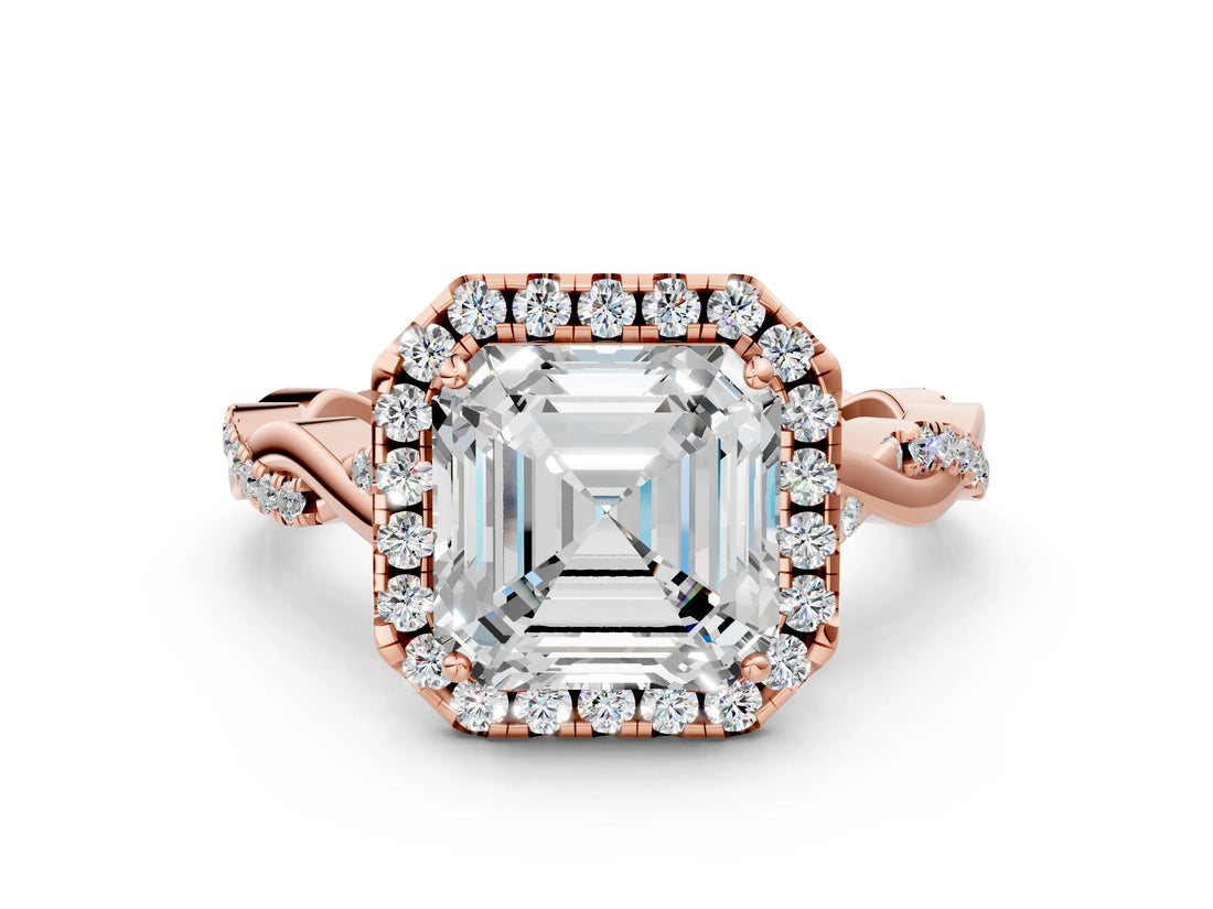 Rose gold Asscher Cut Halo Twist Band with Four-Prong Setting_3
