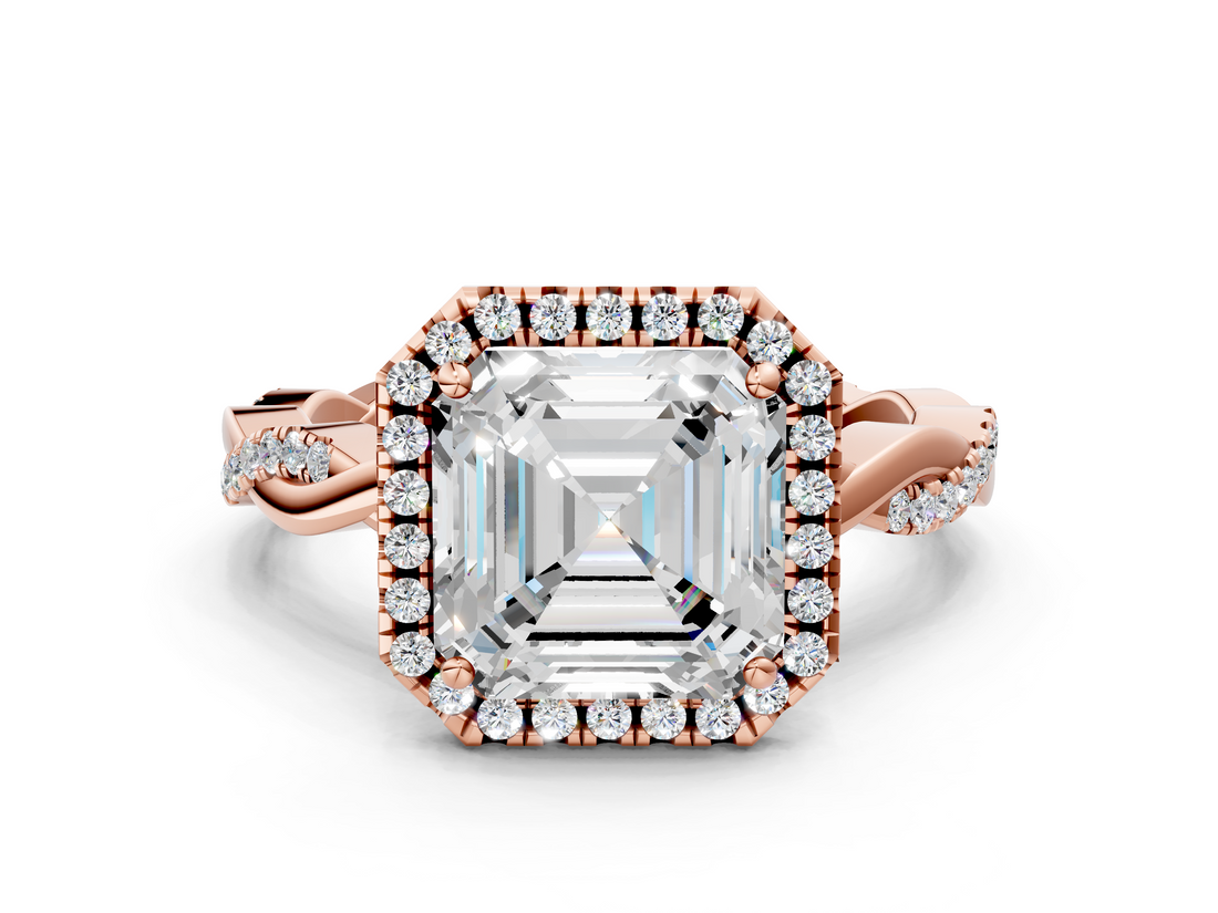 Rose gold Asscher Cut Halo Twisted Band Four-Prong Ring_6