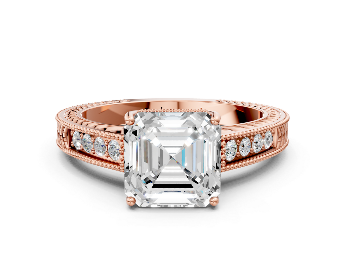 Rose gold Asscher Cut Milgrain Channel Set Engagement Ring with Solitaire Prong Setting_23