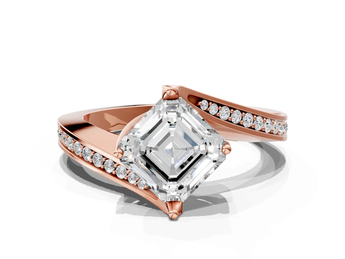 Rose gold Asscher Cut Solitaire Diamond Twist Band with Pavé Setting and Four-Prong Setting_3