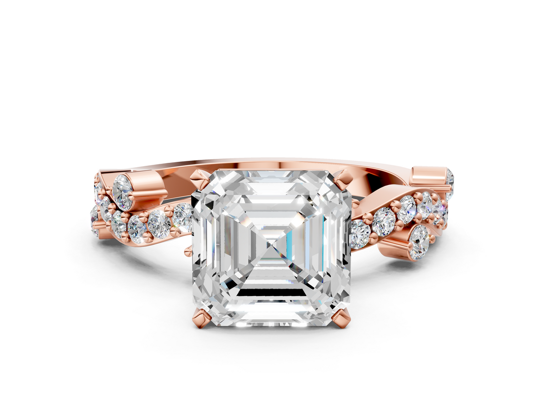 Rose gold Asscher Cut Solitaire Diamond Twisted Band with Pave Setting_25