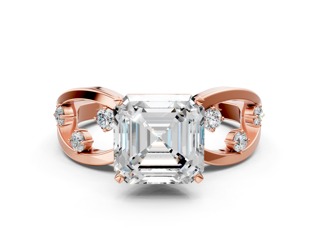 Rose gold Asscher Cut Solitaire Diamond with Side Stones on Criss-Cross Band and Four-Prong Setting_25
